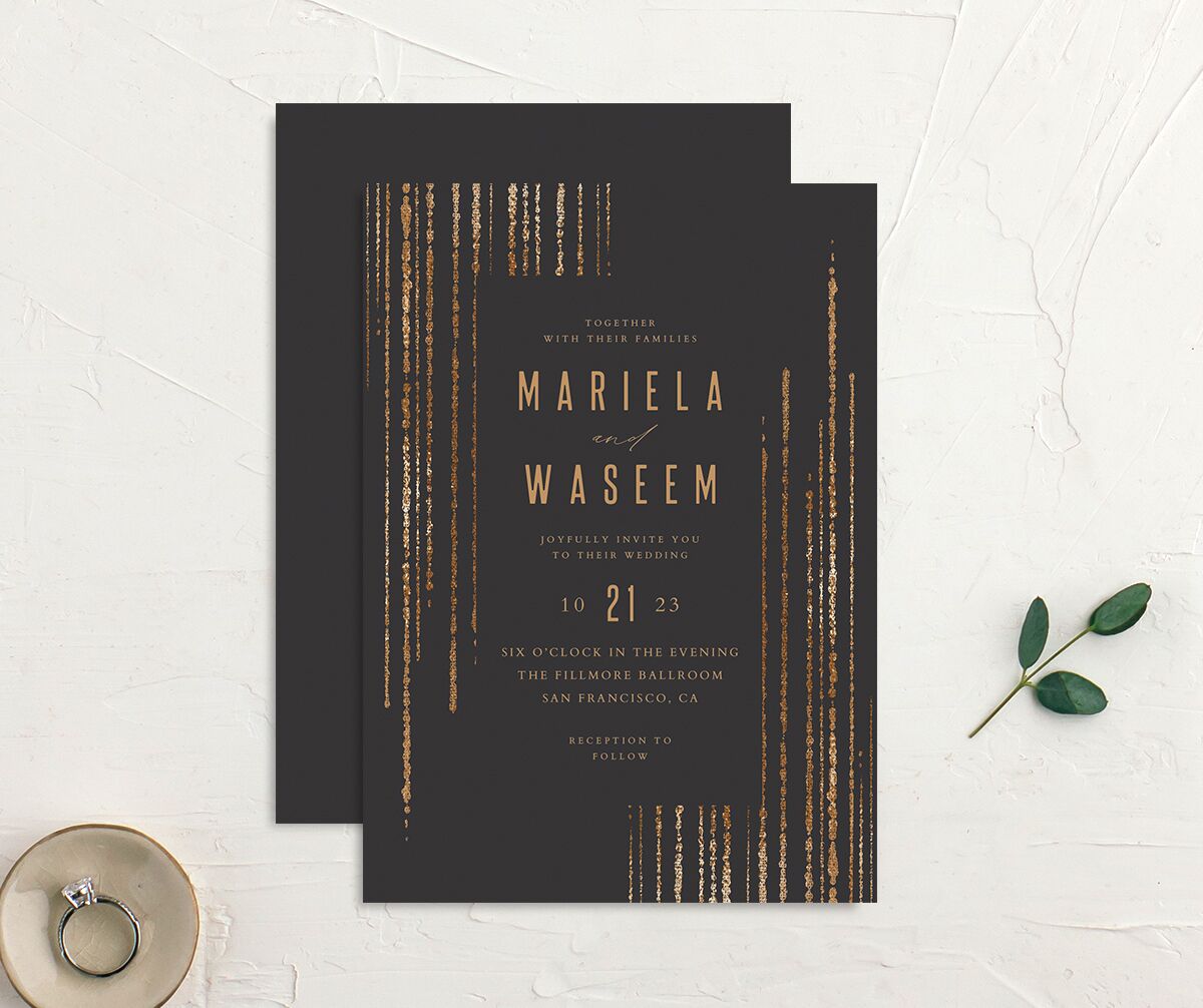 Metallic Glamour Wedding Invitations front-and-back in Midnight