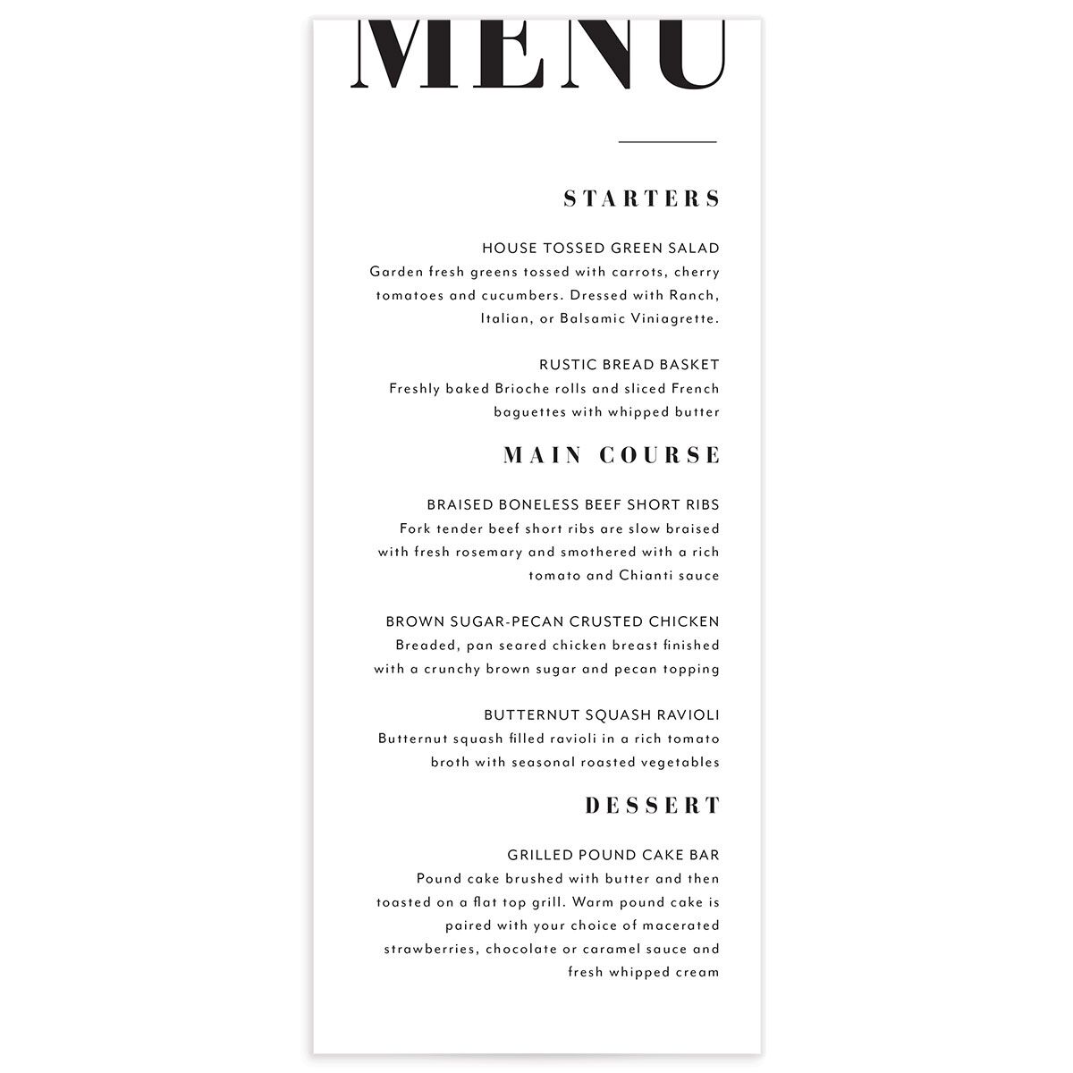 Contemporary Bold Menus front in Pure White