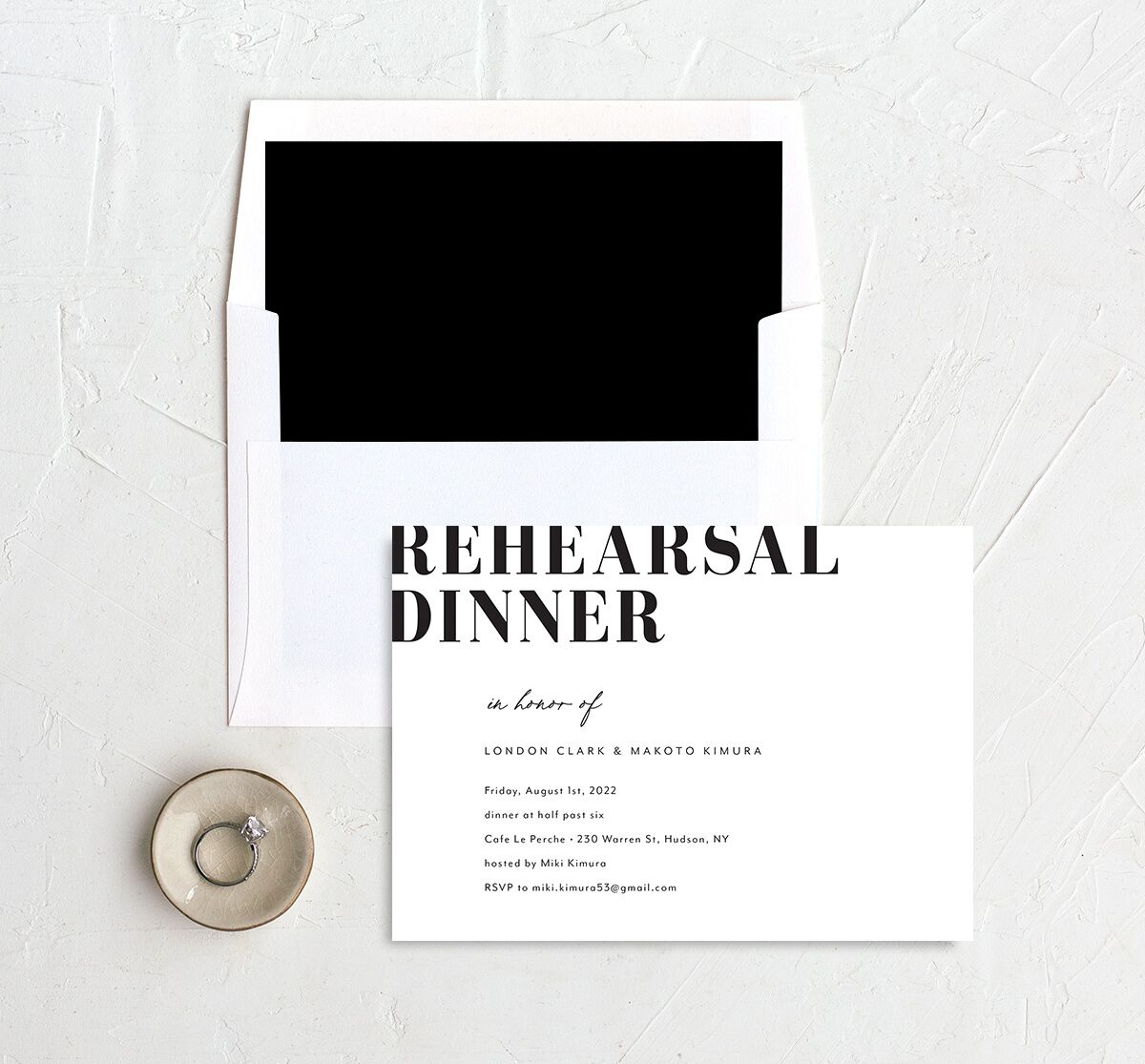 Contemporary Bold Rehearsal Dinner Invitations envelope-and-liner in Pure White