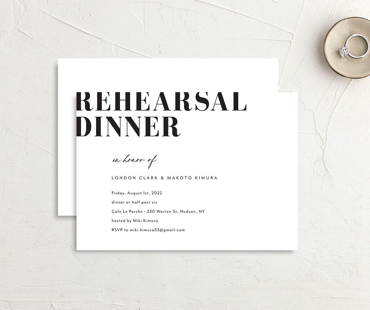 Contemporary Bold Rehearsal Dinner Invitations front-and-back in Pure White
