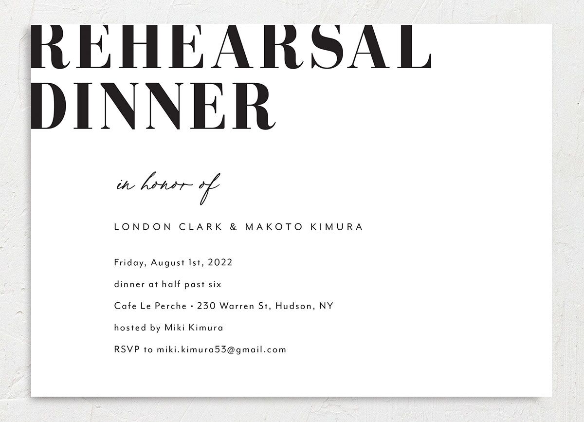 Contemporary Bold Rehearsal Dinner Invitations front in Pure White