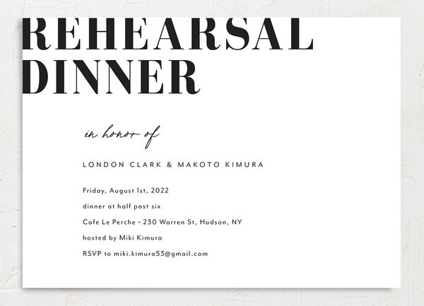 Contemporary Bold Rehearsal Dinner Invitations front in Pure White