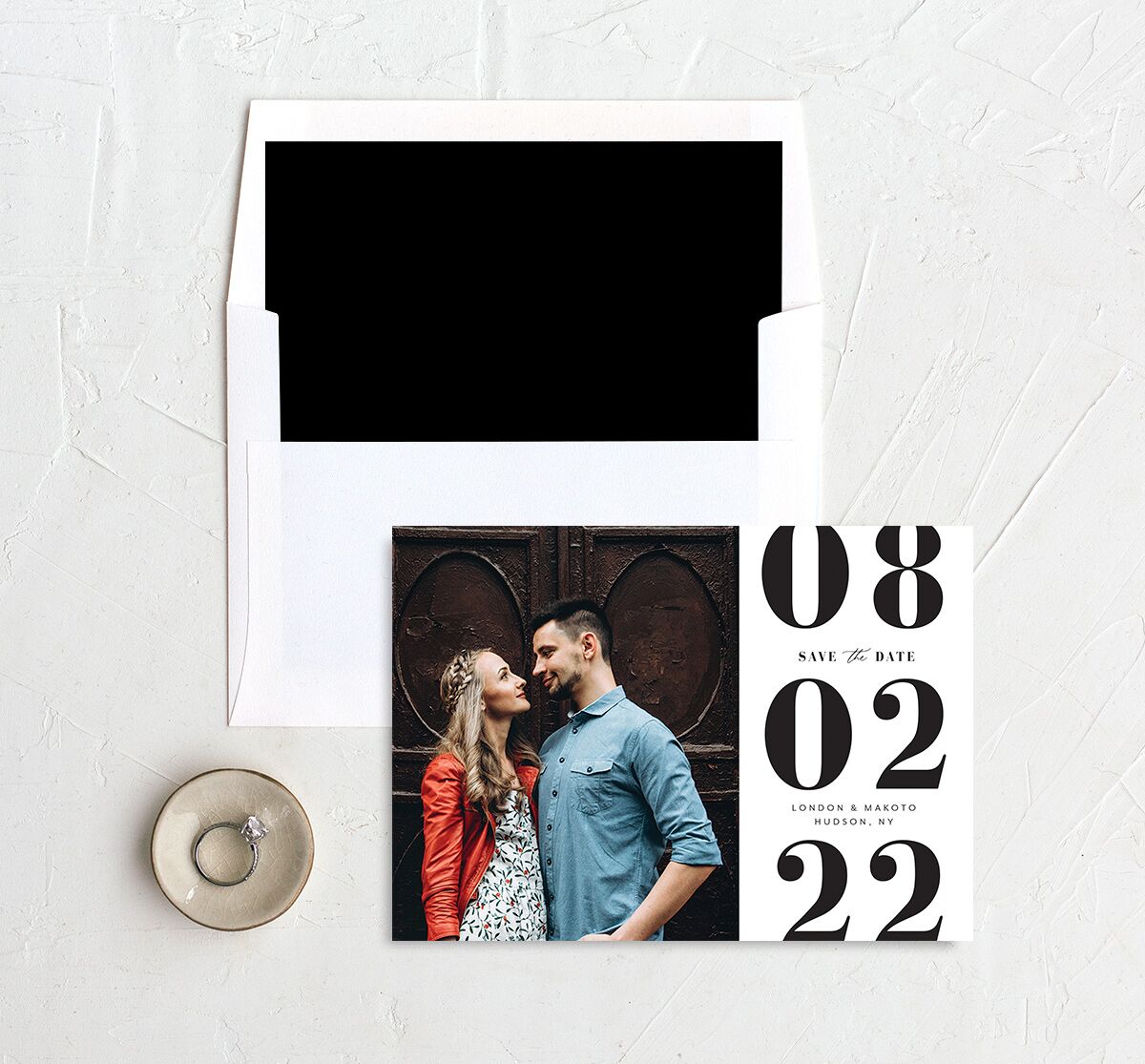 Contemporary Bold Save the Date Cards envelope-and-liner in Pure White