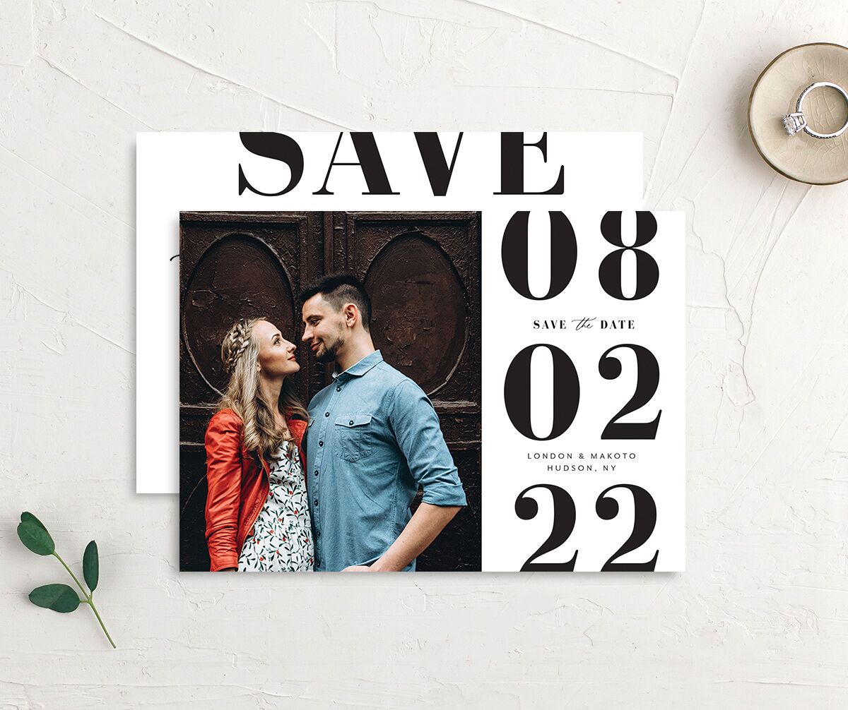 Contemporary Bold Save the Date Cards front-and-back in Pure White