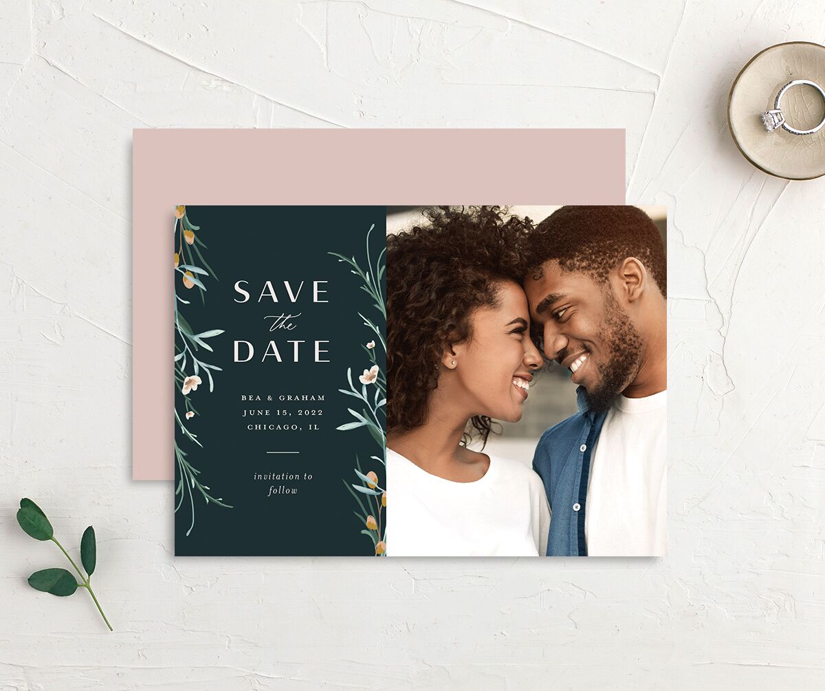 Floral Garland Save the Date Cards front-and-back in Jewel Green