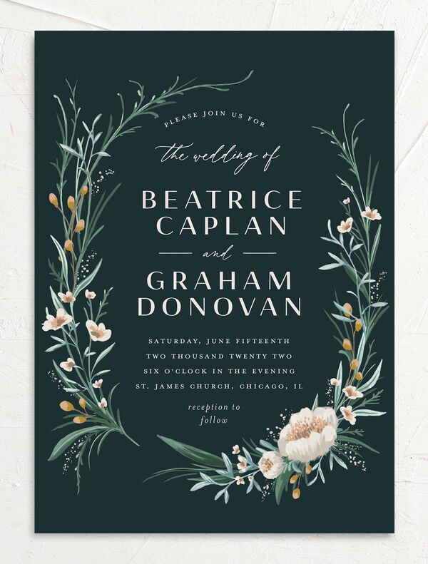 Floral Garland Wedding Invitations front in Green
