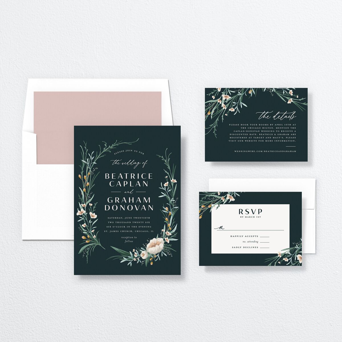 Floral Garland Wedding Invitations suite in Jewel Green