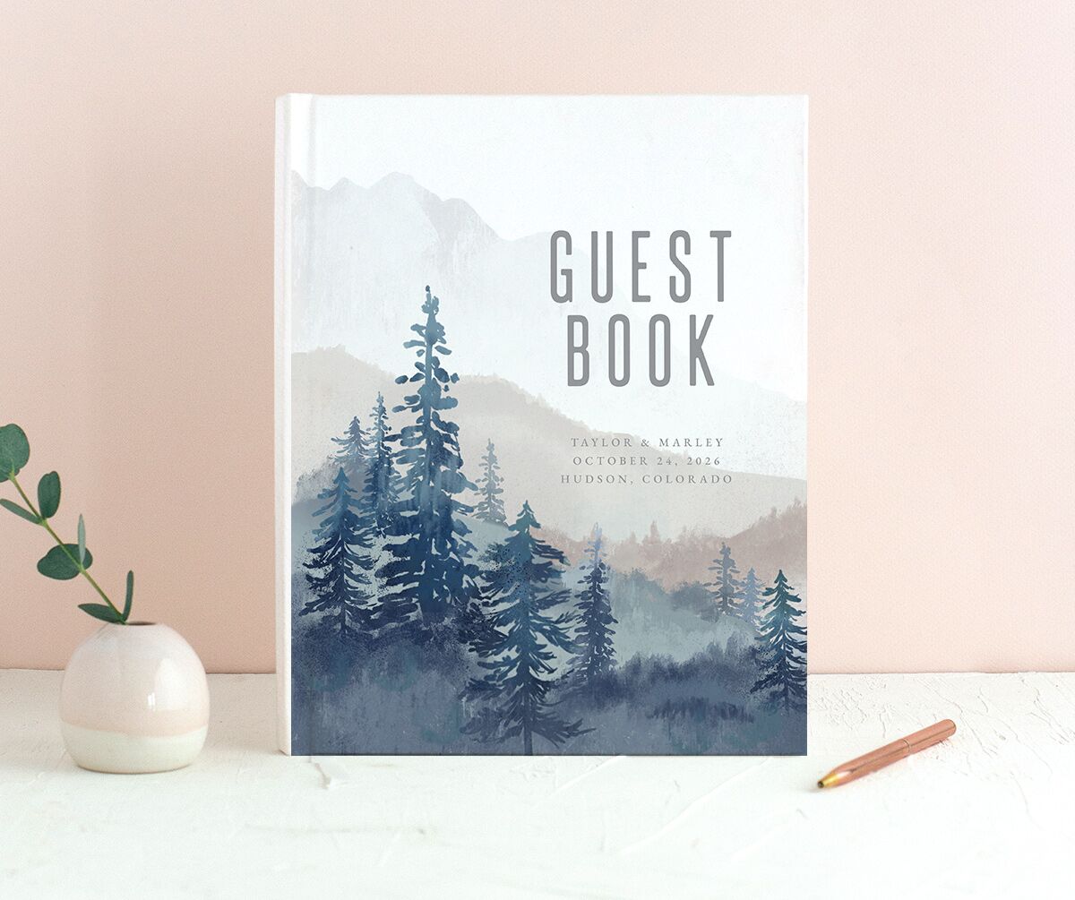 Mountain Canvas Wedding Guest Book front in French Blue