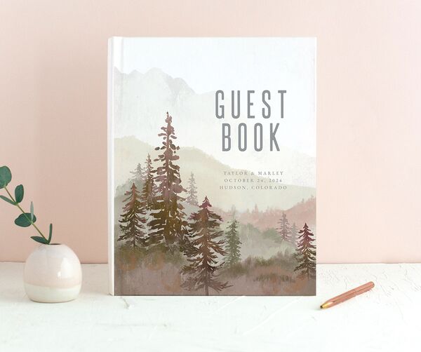 Mountain Canvas Wedding Guest Book front in Ruby