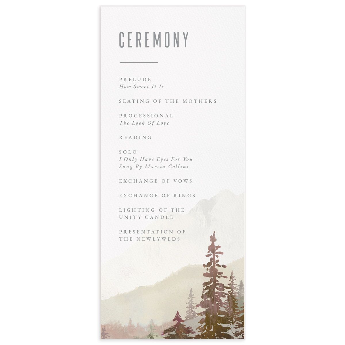 Mountain Canvas Wedding Programs front in Ruby