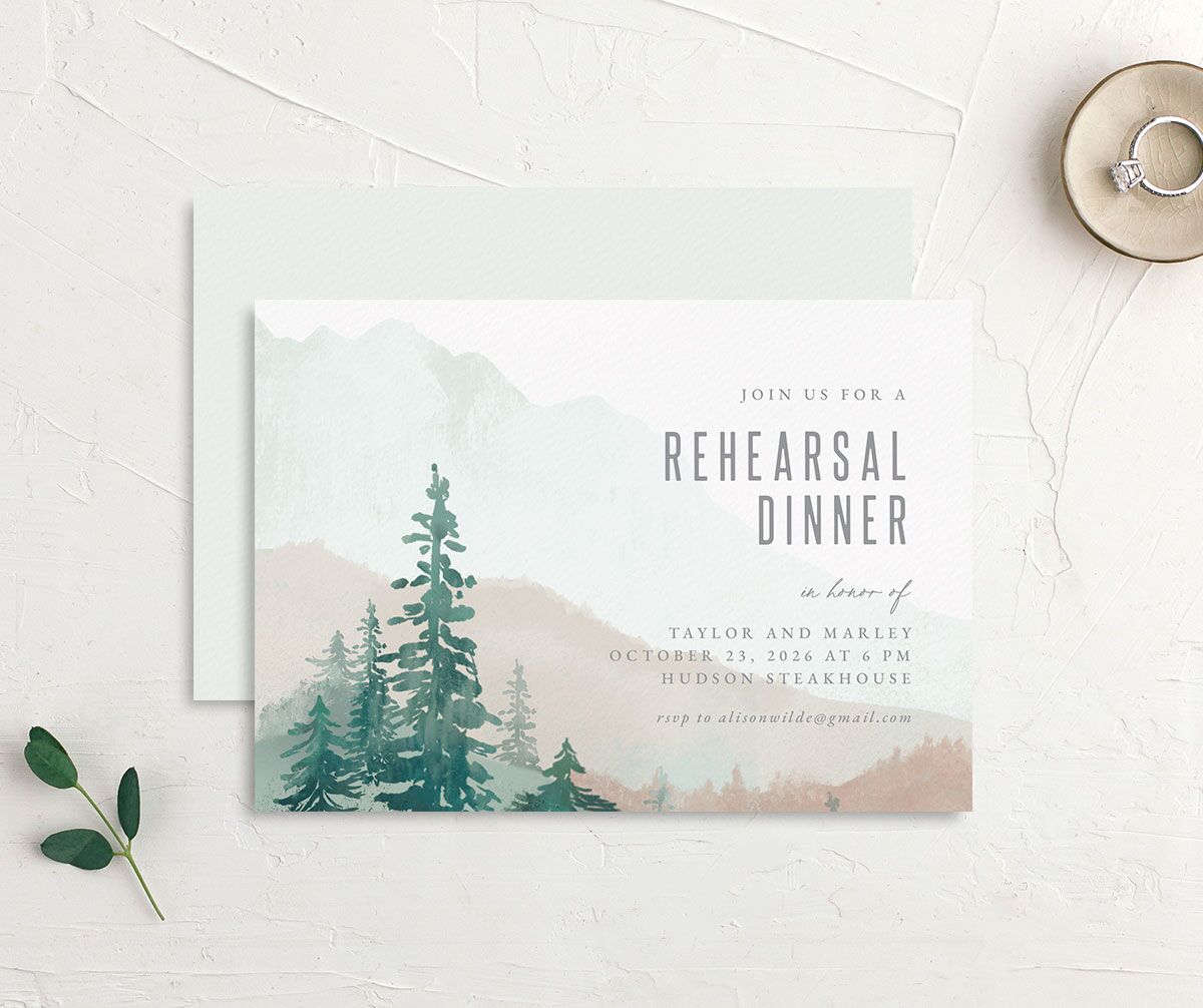 Mountain Canvas Rehearsal Dinner Invitations front-and-back in Jewel Green