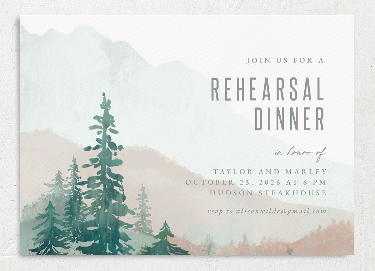 Mountain Canvas Rehearsal Dinner Invitations front in Jewel Green