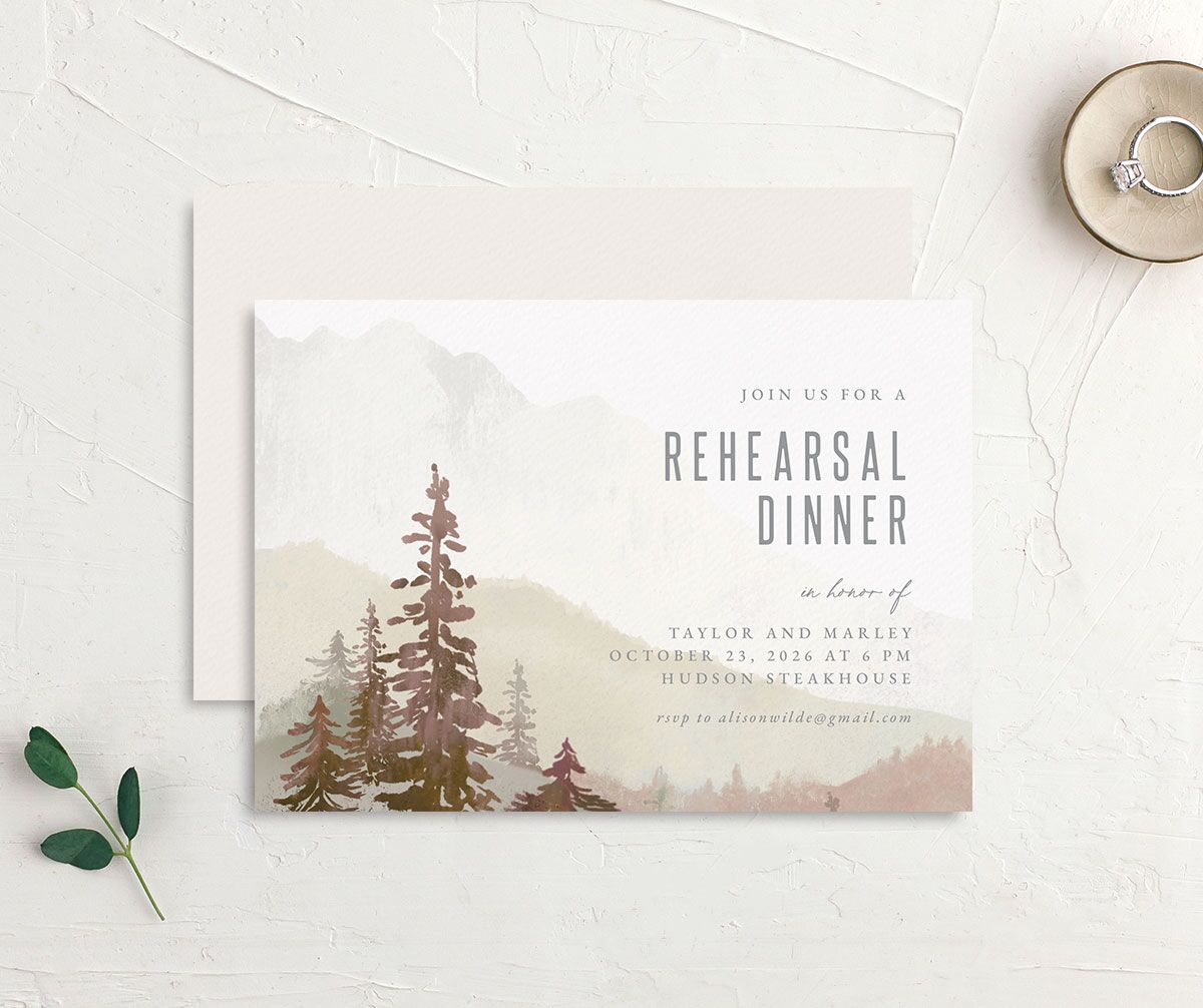 Mountain Canvas Rehearsal Dinner Invitations front-and-back in Ruby