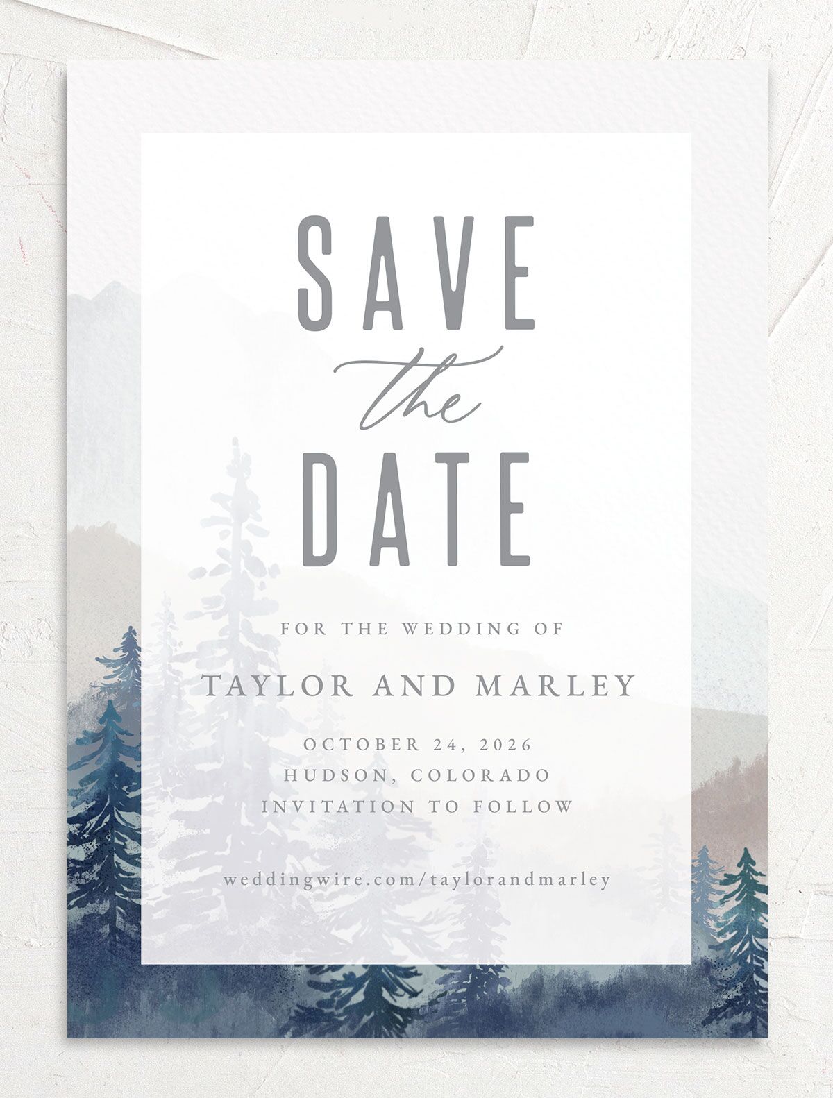 Mountain Canvas Save the Date Cards back in French Blue