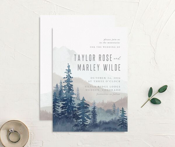 Mountain Canvas Wedding Invitations front-and-back in French Blue