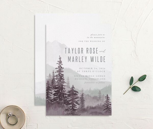 Mountain Canvas Wedding Invitations front-and-back in Jewel Purple