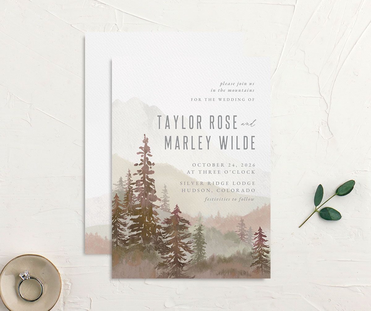Mountain Canvas Wedding Invitations front-and-back in Ruby