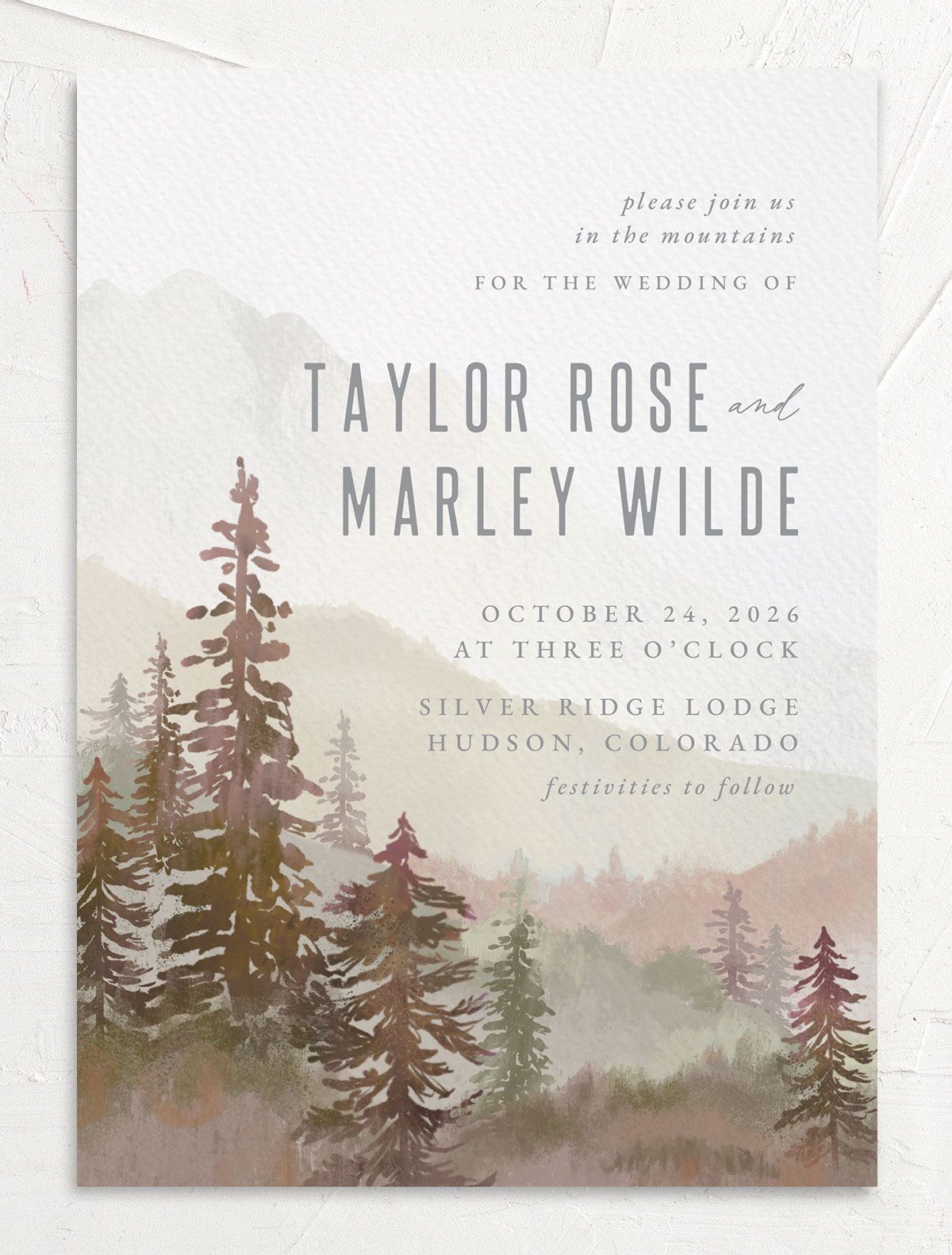 Mountain Canvas Wedding Invitations front in Ruby