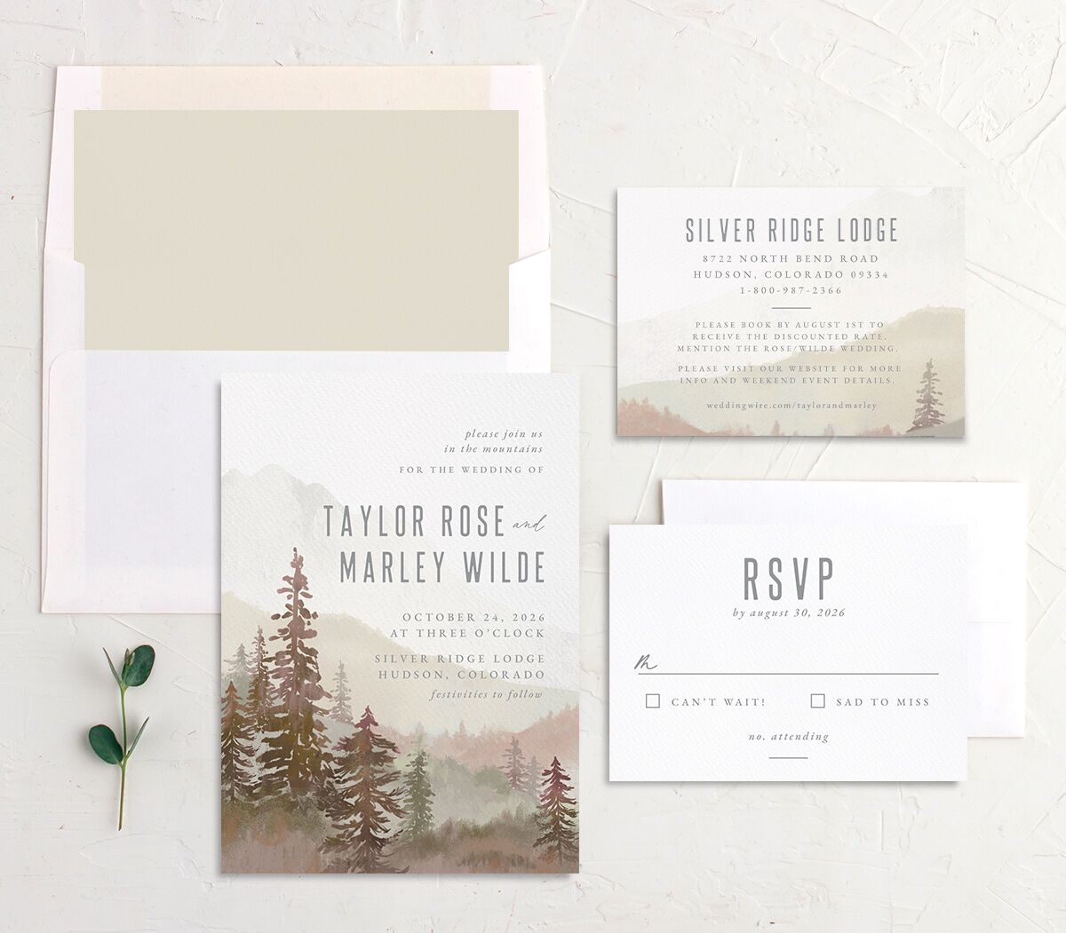 Mountain Canvas Wedding Invitations suite in Ruby