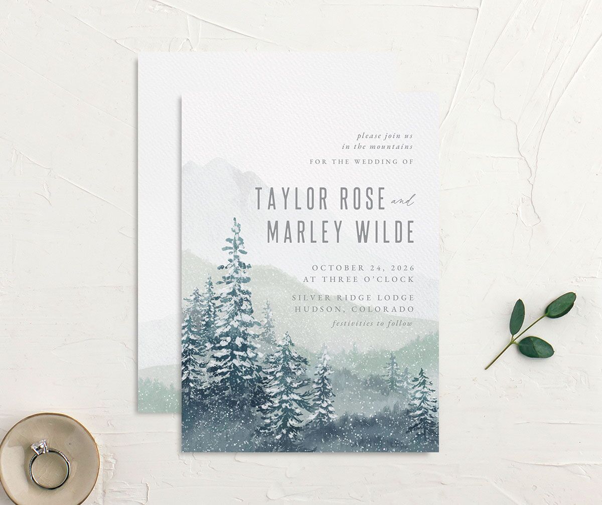 Mountain Canvas Wedding Invitations front-and-back in Turquoise