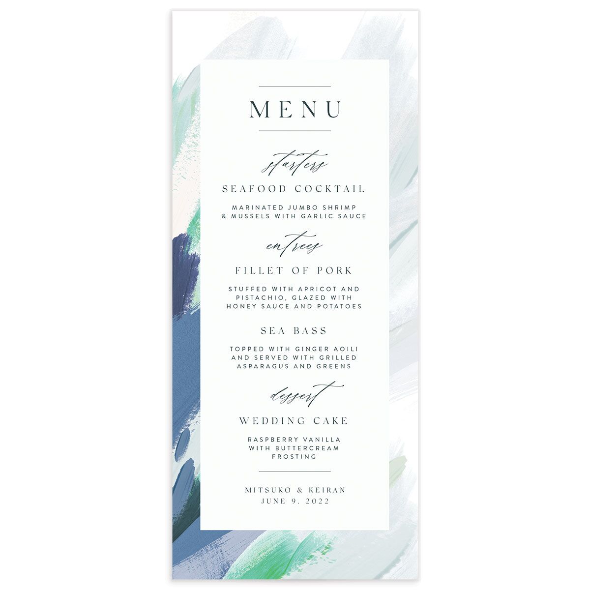 Floral Brushstroke Menus front in French Blue
