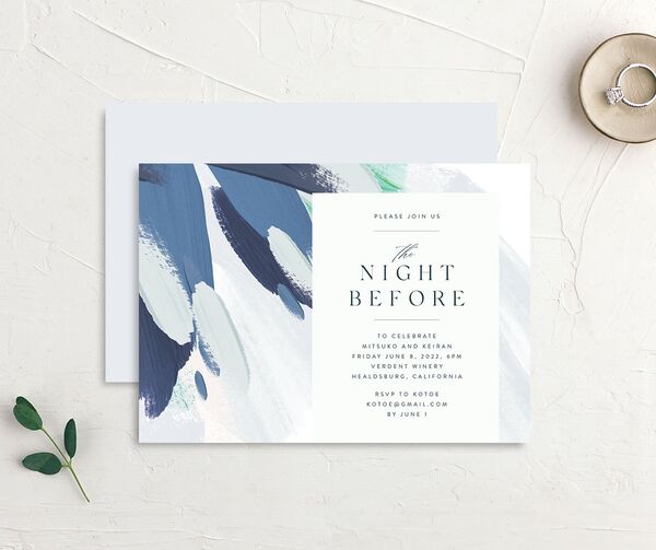Floral Brushstroke Rehearsal Dinner Invitations front-and-back in French Blue