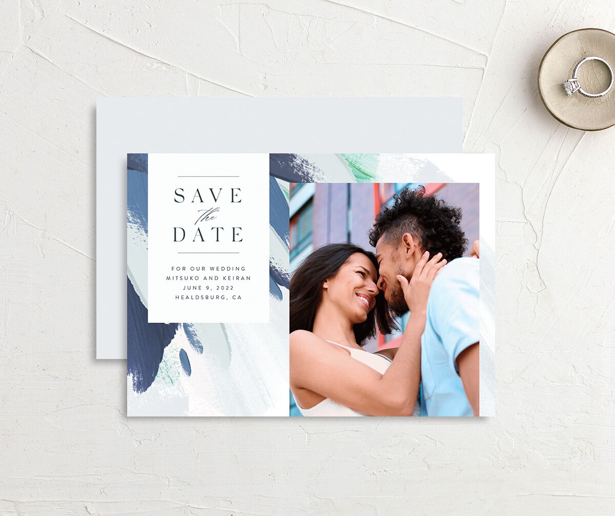 Floral Brushstroke Save the Date Cards front-and-back in French Blue