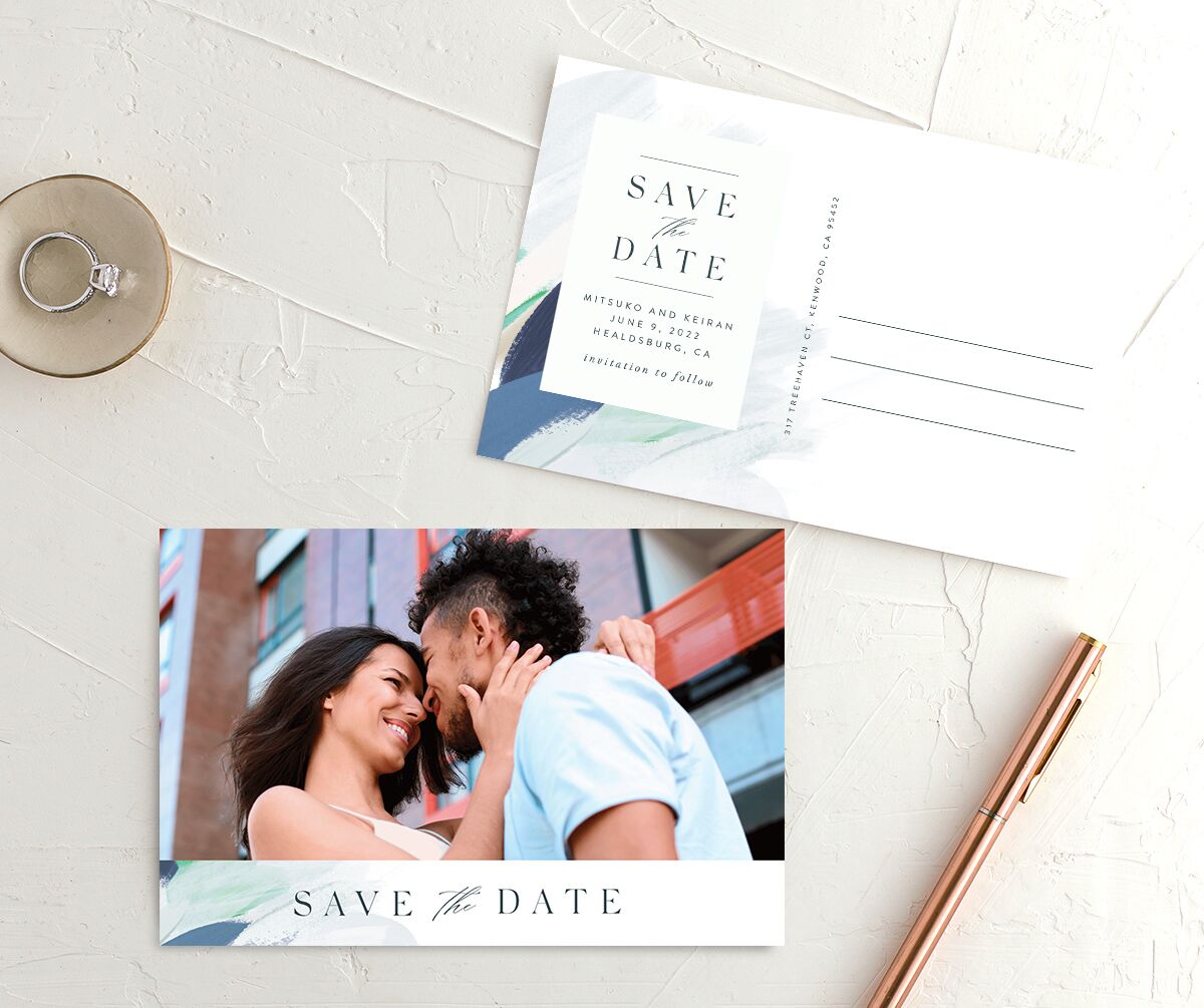 Floral Brushstroke Save the Date Postcards front-and-back in French Blue