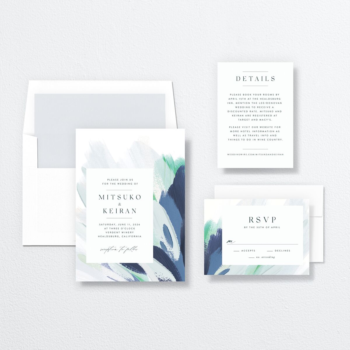 Floral Brushstroke Wedding Invitations suite in French Blue