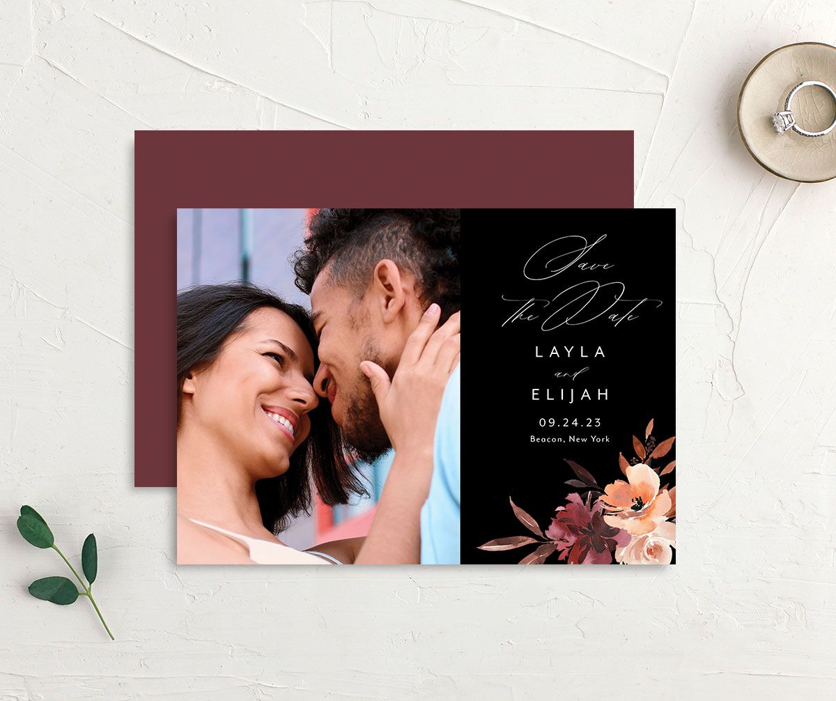 Painted Petals Save the Date Cards front-and-back in Midnight