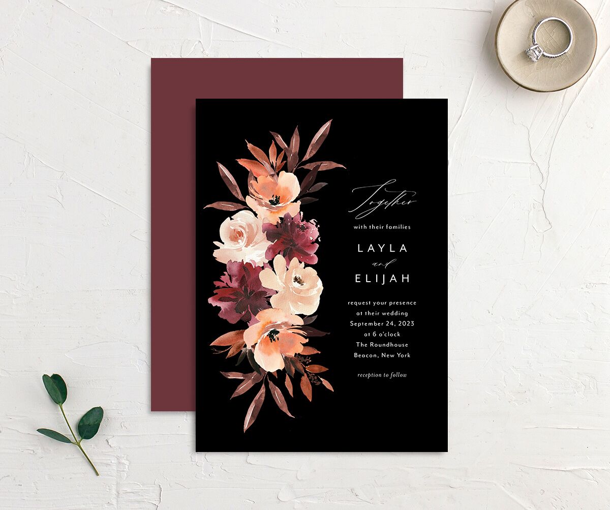 Painted Petals Wedding Invitations front-and-back in Midnight