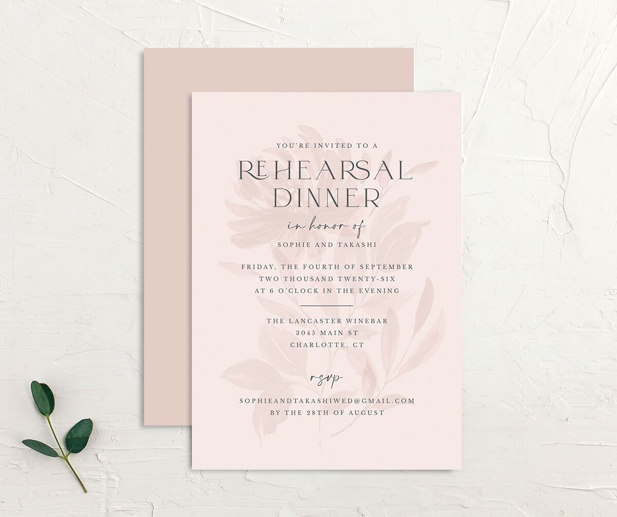 Floral Sophistication Rehearsal Dinner Invitations front-and-back in Rose Pink