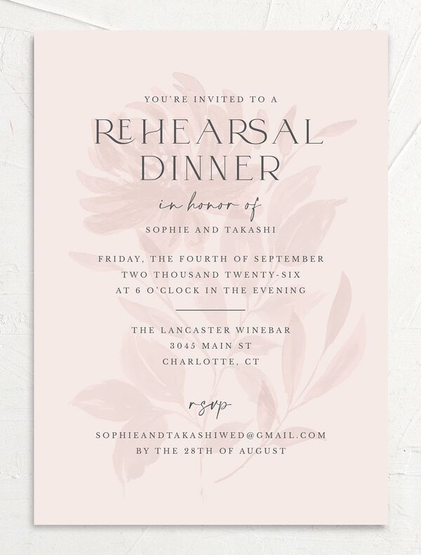Floral Sophistication Rehearsal Dinner Invitations front in Rose Pink
