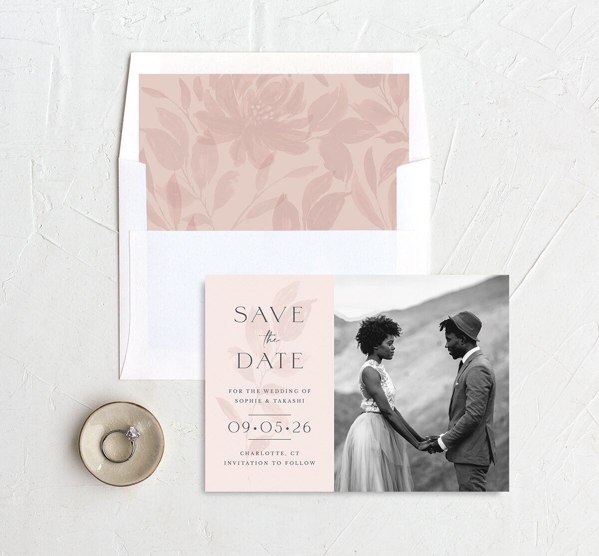 Floral Sophistication Save the Date Cards envelope-and-liner in Rose Pink
