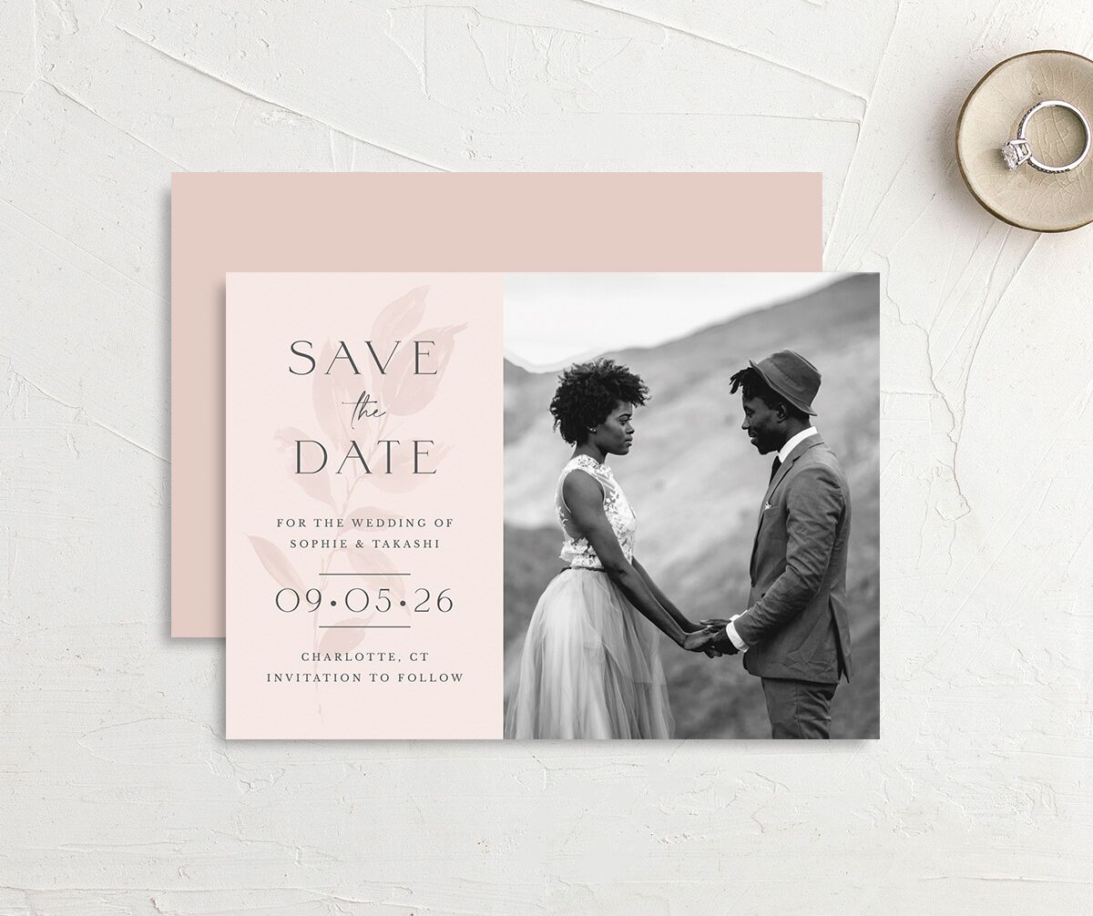 Floral Sophistication Save the Date Cards front-and-back in Rose Pink