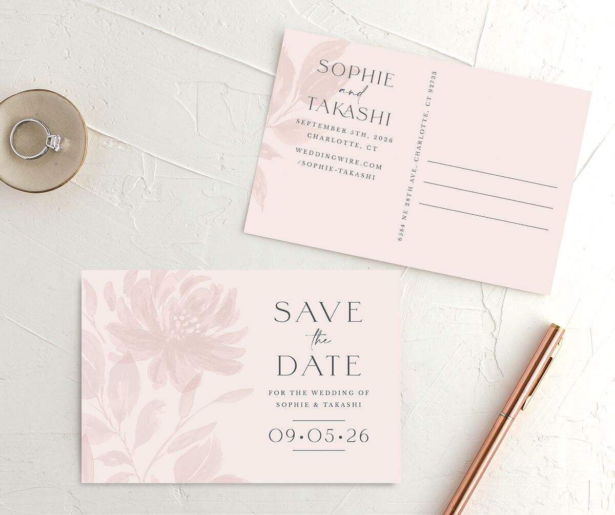 Floral Sophistication Save the Date Postcards front-and-back in Rose Pink