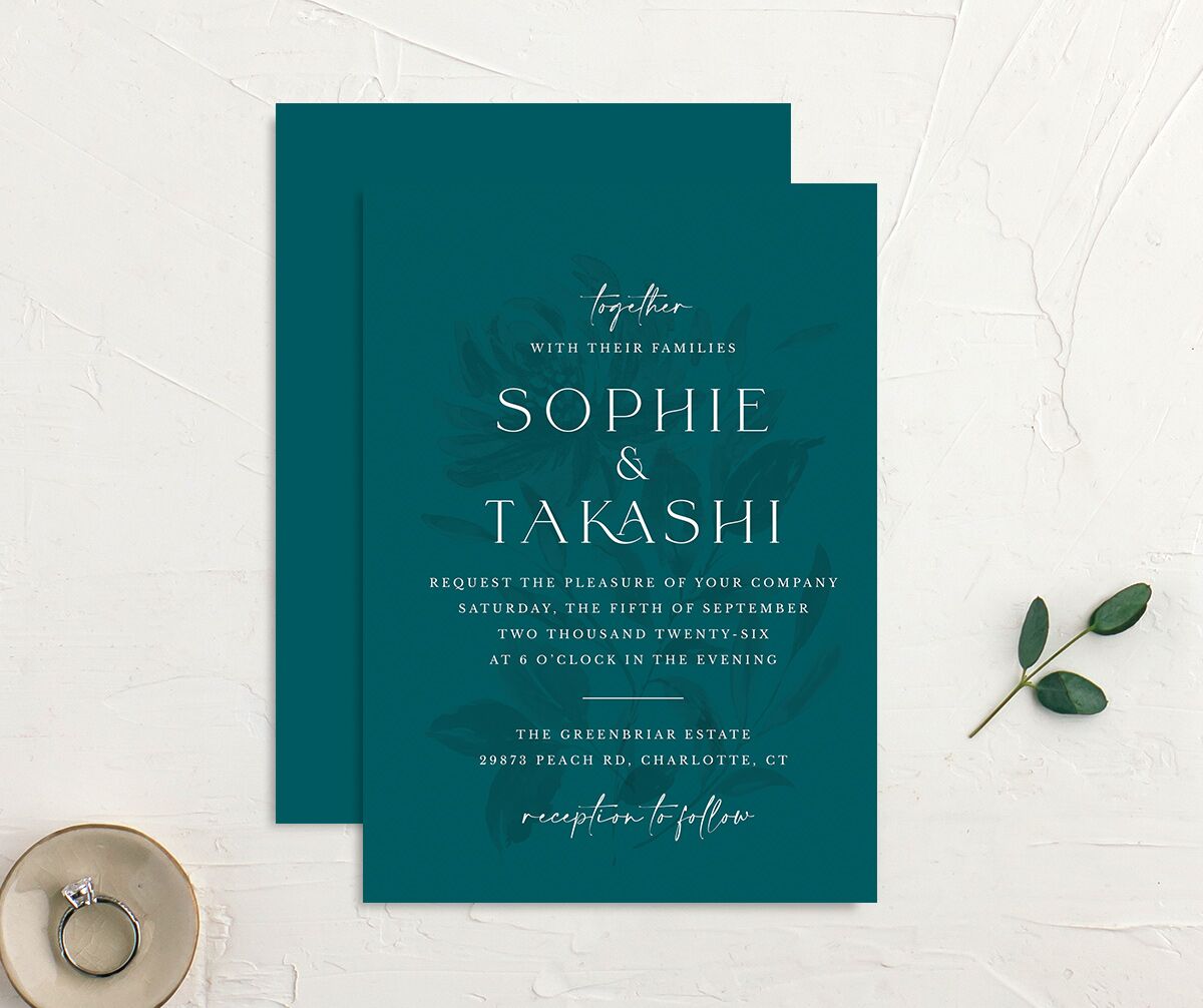 Floral Sophistication Wedding Invitations front-and-back in Turquoise