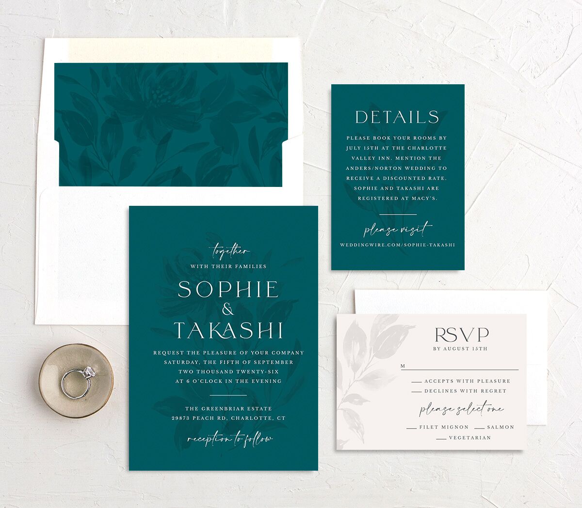 Floral Sophistication Wedding Invitations suite in Turquoise