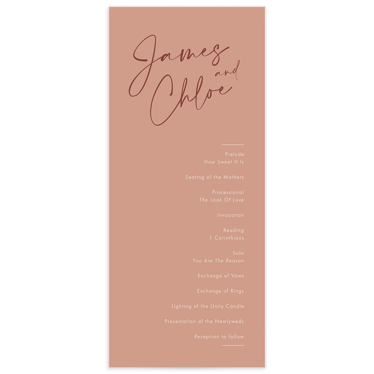 Heartfelt Font Wedding Programs front in Rose Pink