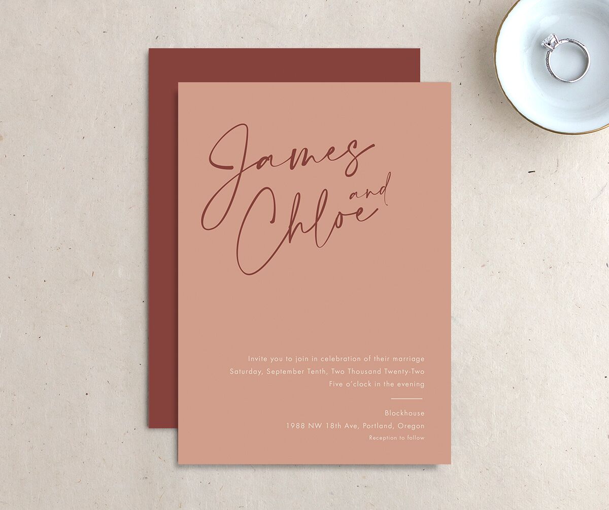 Heartfelt Font Wedding Invitations front-and-back in Rose Pink
