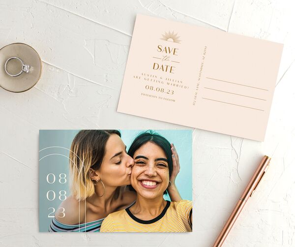 Art Deco Accents Save the Date Postcards front-and-back in Walnut
