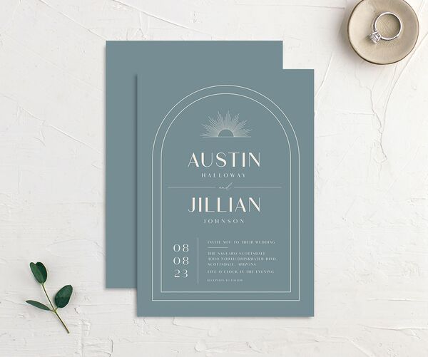 Art Deco Accents Wedding Invitations front-and-back in French Blue