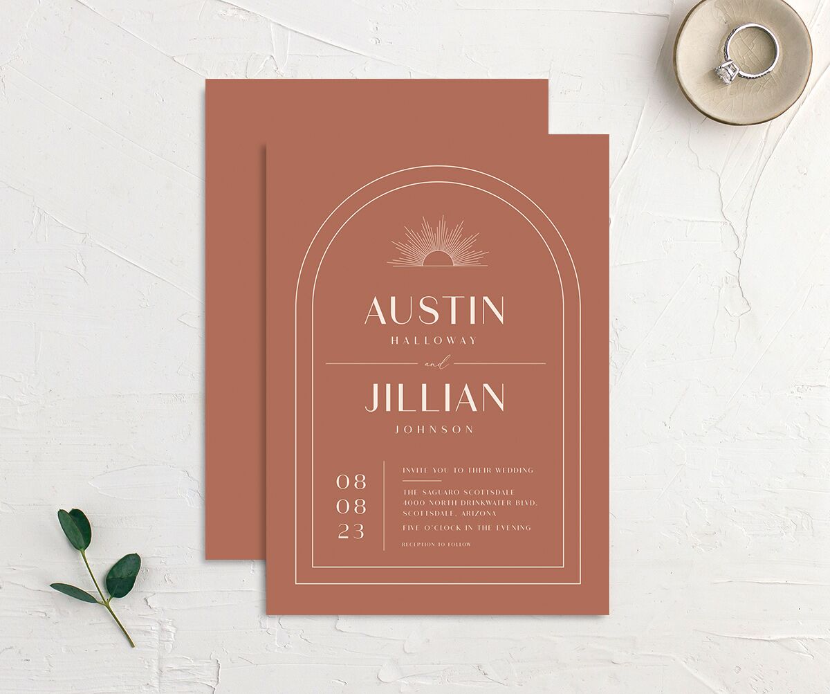 Art Deco Accents Wedding Invitations front-and-back in Walnut