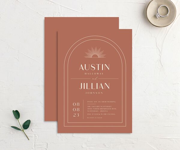 Art Deco Accents Wedding Invitations front-and-back in Walnut