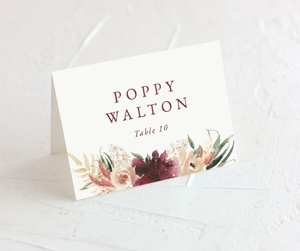 Watercolor Wreath Place Cards front in Deep Claret