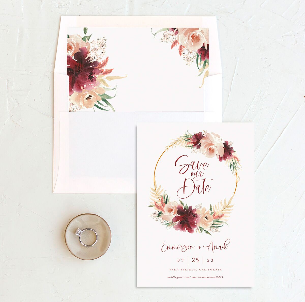 Watercolor Wreath Save the Date Cards envelope-and-liner in Deep Claret