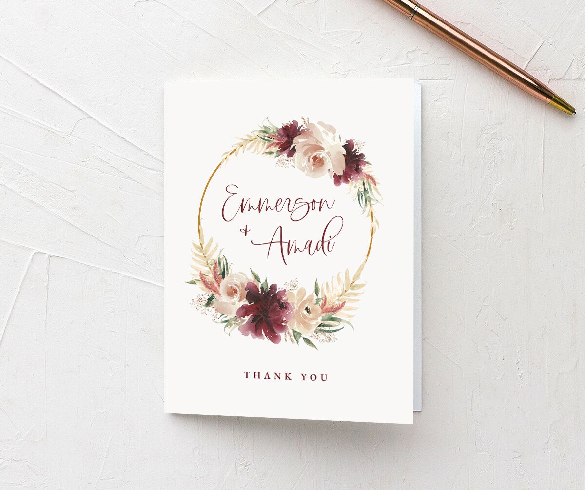 Watercolor Wreath Thank You Cards front in Deep Claret