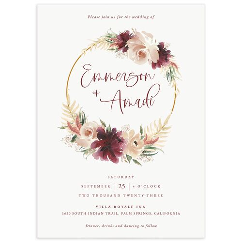 Watercolor Wreath Wedding Invitations - Burgundy