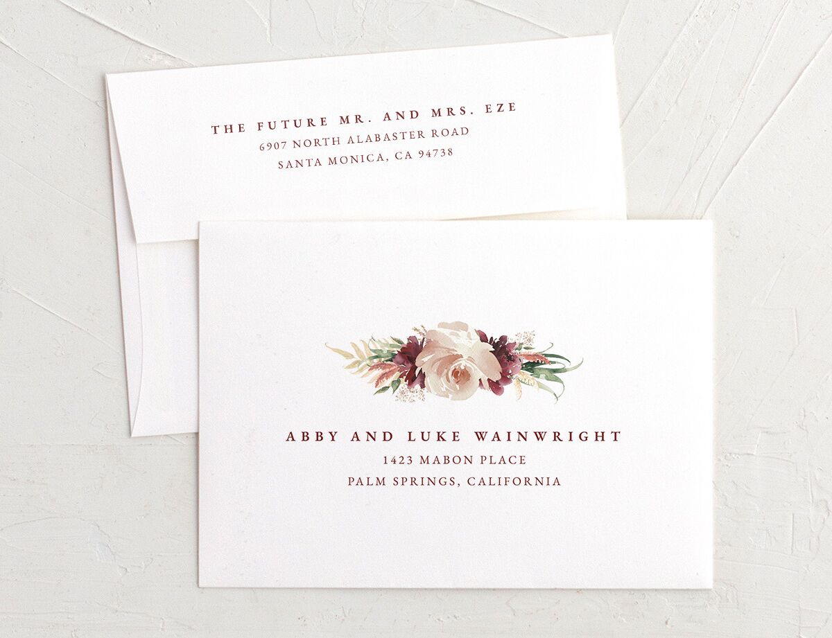 Watercolor Wreath Wedding Invitation Envelopes front in Deep Claret
