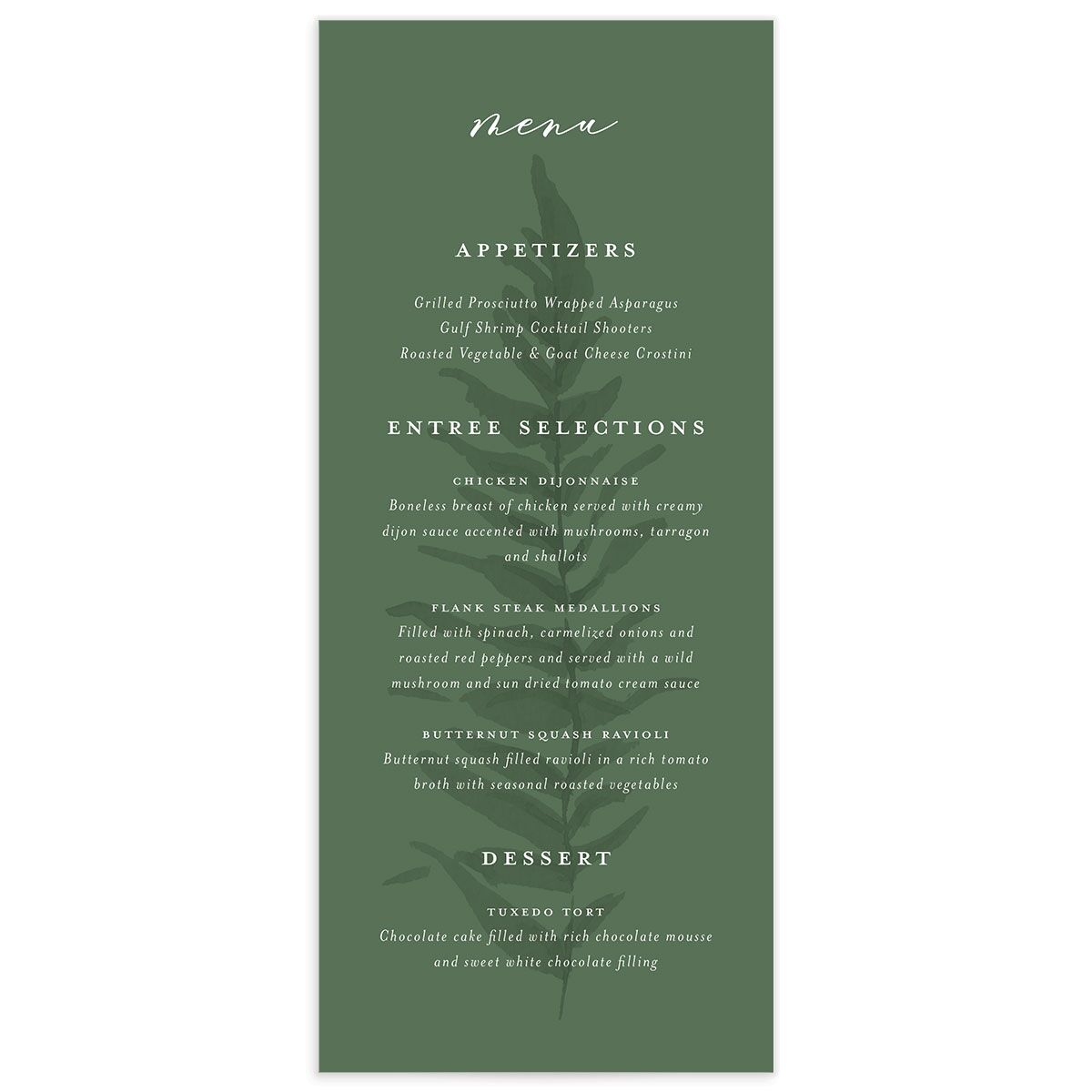 Forever Fern Menus front in Jewel Green